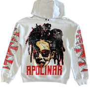 White hoodie with graphic design and 'Apolinar' text on a white background