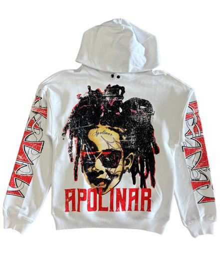 White hoodie with graphic design and 'Apolinar' text on a white background