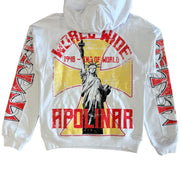 White hoodie with graphic design featuring the Statue of Liberty and text on a white background