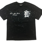 Black speckled t-shirt with white graphic design on a white background