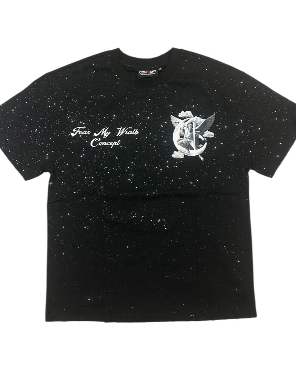 Black speckled t-shirt with white graphic design on a white background
