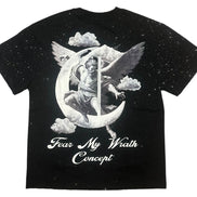 Black t-shirt with a graphic design of an angel on a moon and 'Fear My Wrath Concept' text.