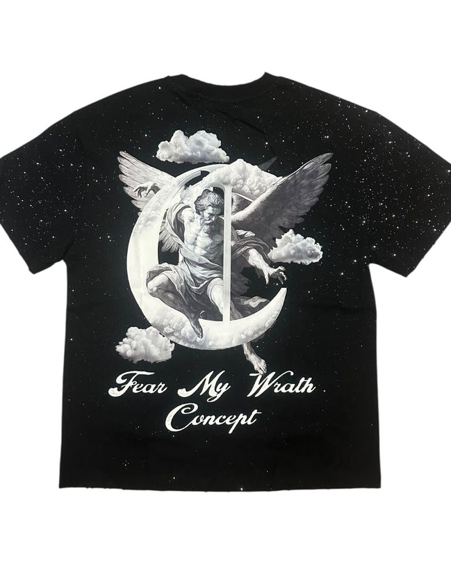 Black t-shirt with a graphic design of an angel on a moon and 'Fear My Wrath Concept' text.