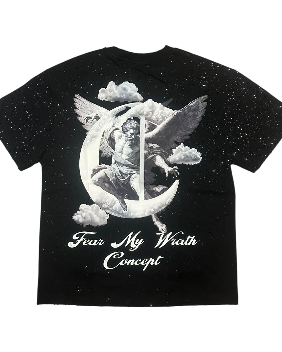 Black t-shirt with a graphic design of an angel on a moon and 'Fear My Wrath Concept' text.