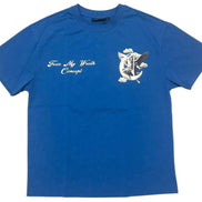 Blue t-shirt with white text and graphic on a white background