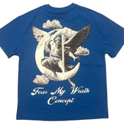 Blue t-shirt with a graphic design of an angel on a moon and text 'Fear My Wrath Concept' on a white background