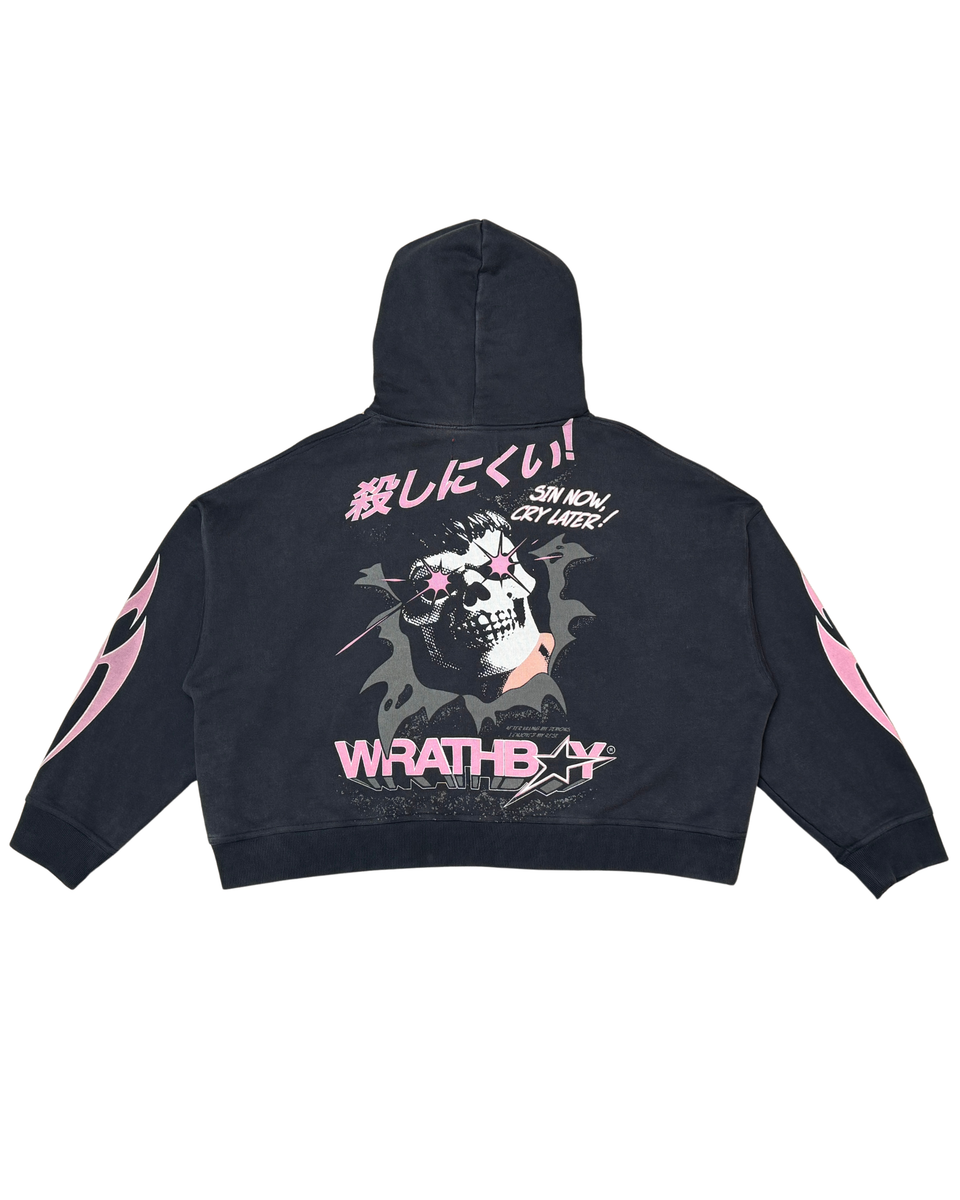 Black hoodie with pink and white graphics on a white background
