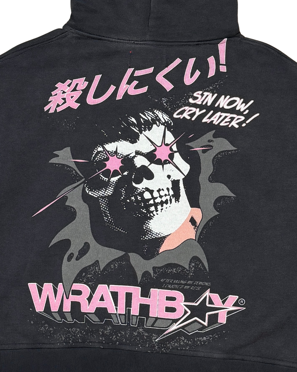 Black hoodie with a skull design, text, and 'Wrathboy' branding.