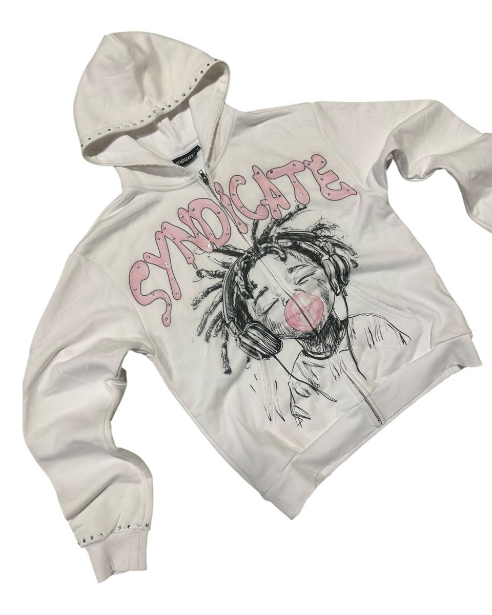 White hoodie with graphic design and 'SYNDICATE' text on a white background
